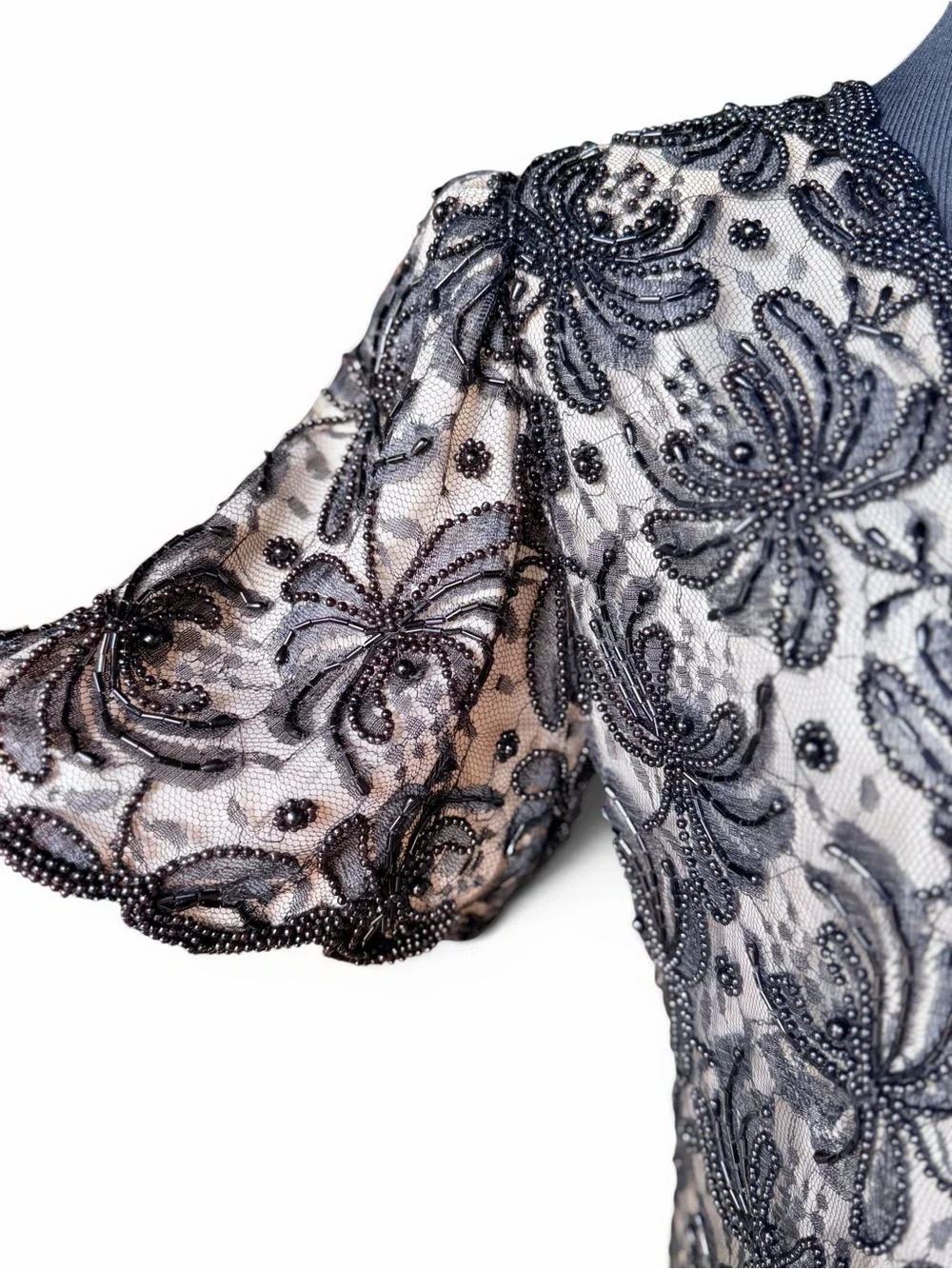 Vintage Lawrence Kazar Beaded Blouse Black Floral Mesh Scalloped Evening Top M - Picture 4 of 9